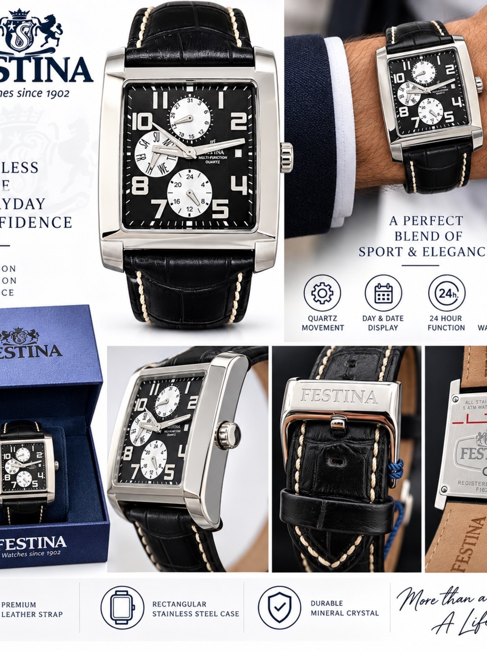 Men's Black Leather Strap Rectangular Stainless Steel Watch